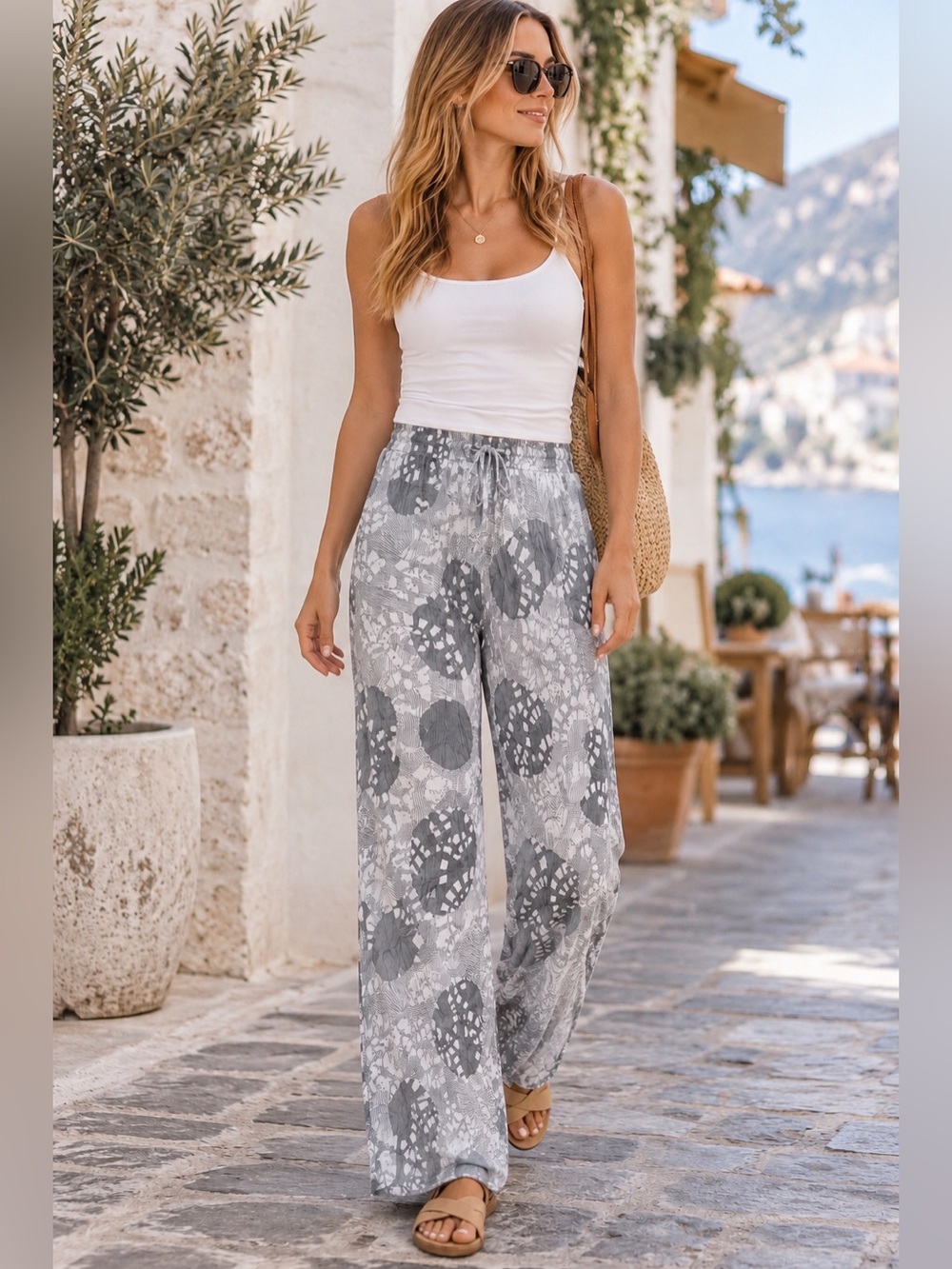 Dolcezza Abstract Print Wide Leg Drawstring Pants Grey White